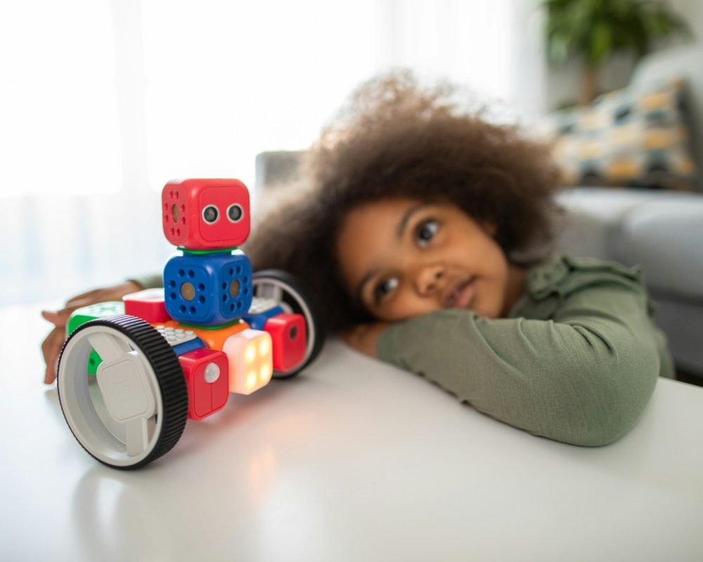 boy lying on bed playing with red and blue toy truck